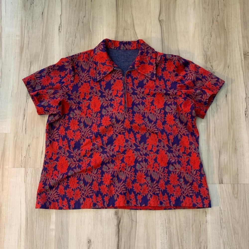 Vintage 1970s floral polo shirt with 1/4 zip‎ front XL